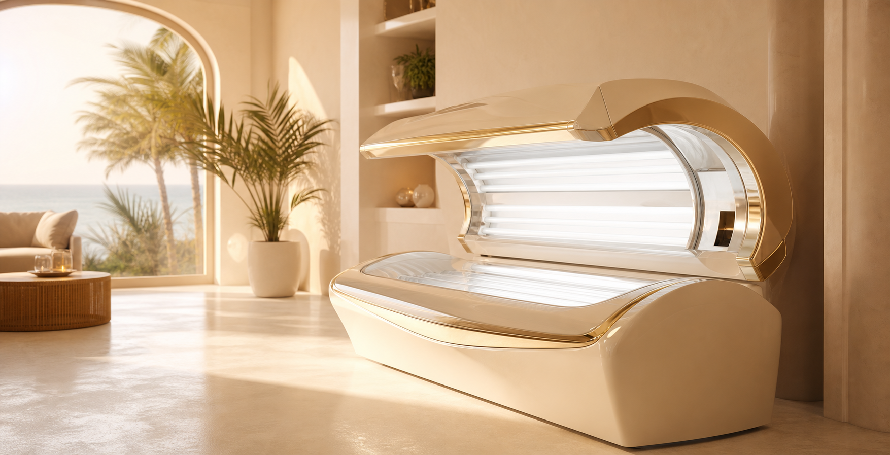 Cama solar horizontal moderna en el salón de Solarium Bahía Morena, con luz dorada cálida
